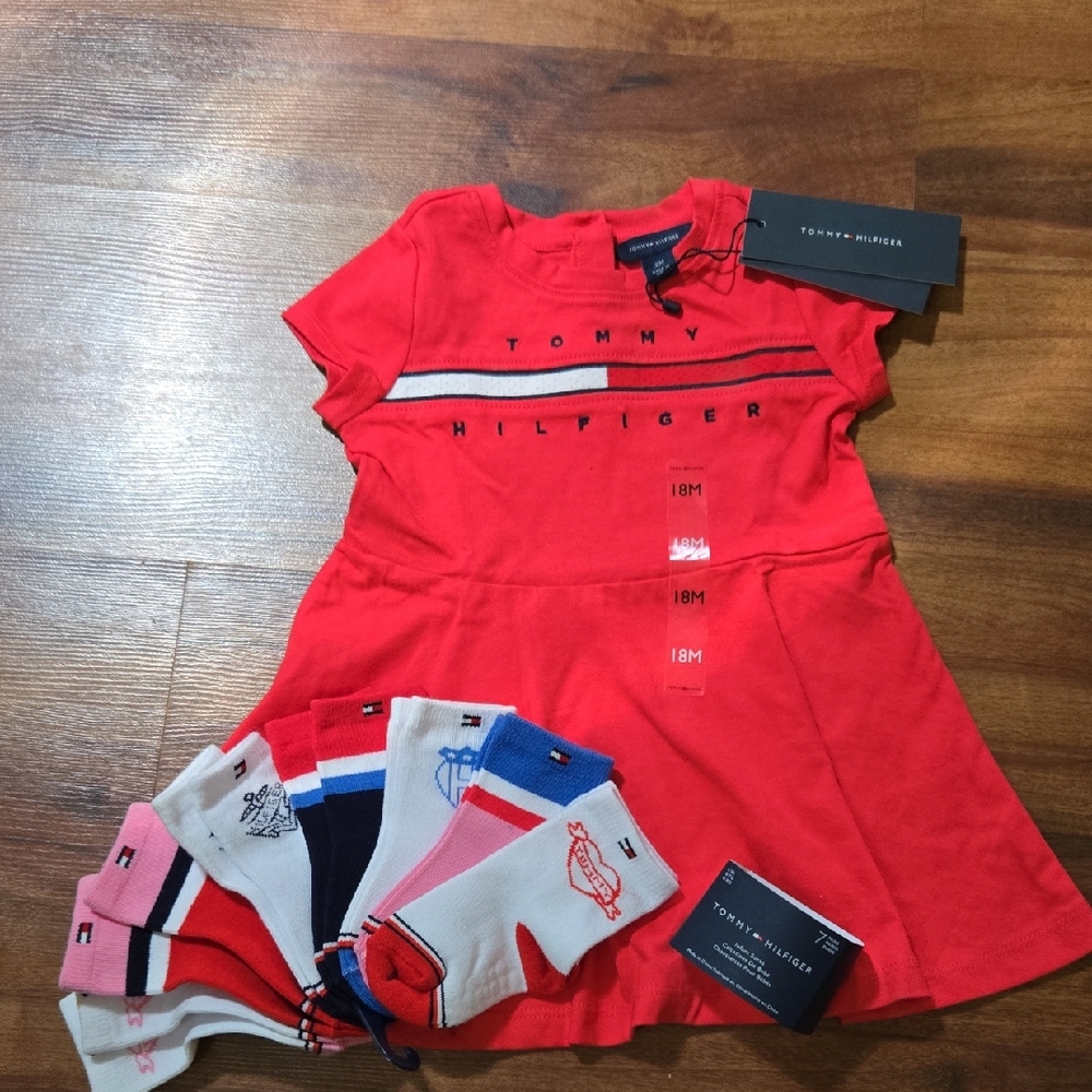 Tommy Hilfiger Vibrant Red Casual Kids Dress +7 Pairs Socks Girls 18 Months NWT